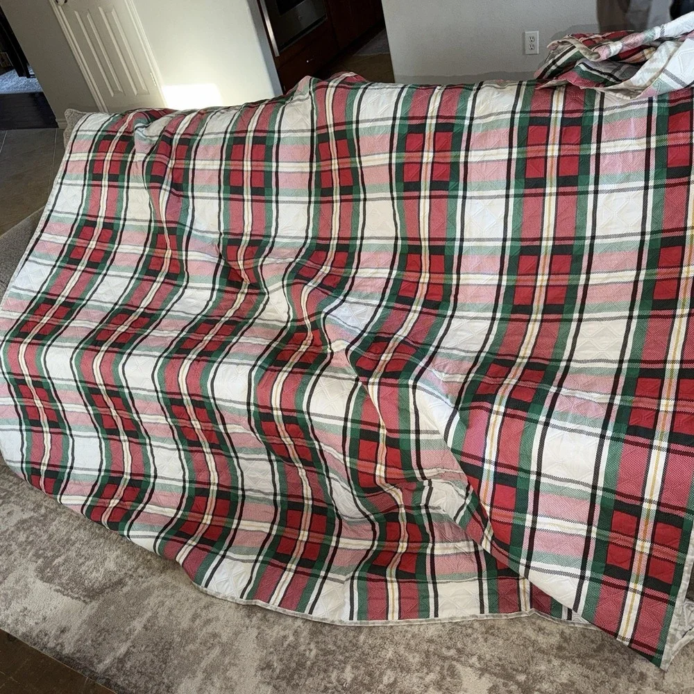 Modern Southern Home Plaid Queen/Full Quilt Set 2 Shams Red Green (80x86)